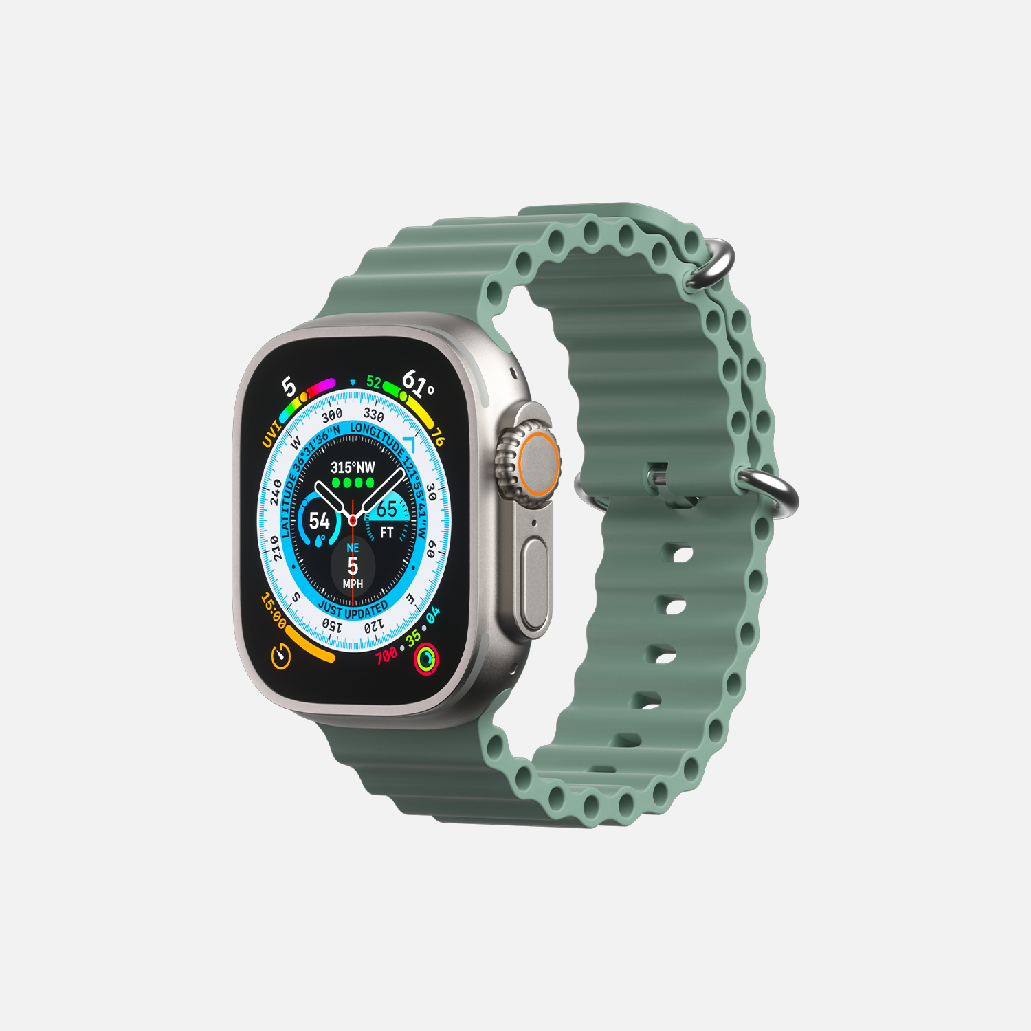 Smartwatch with colorful display and green sport band isolated on white background"