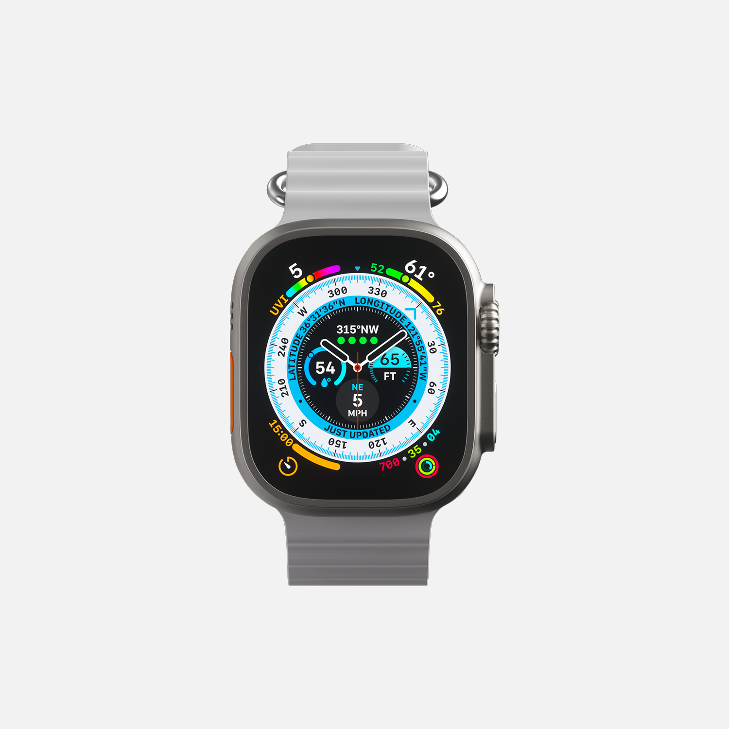 Silver smartwatch with white sports band display on white background.