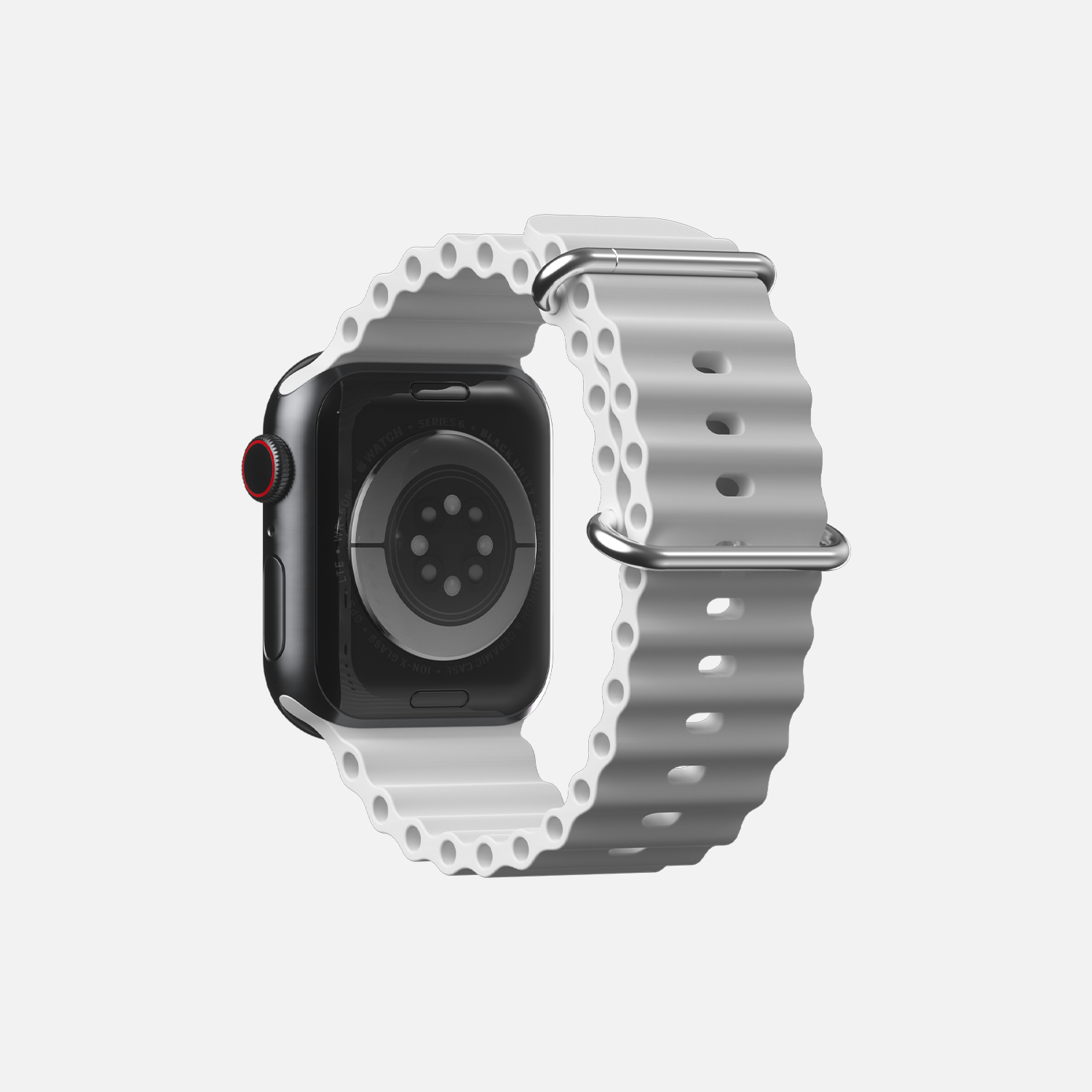 Silver smartwatch with sport white band isolated on white background.