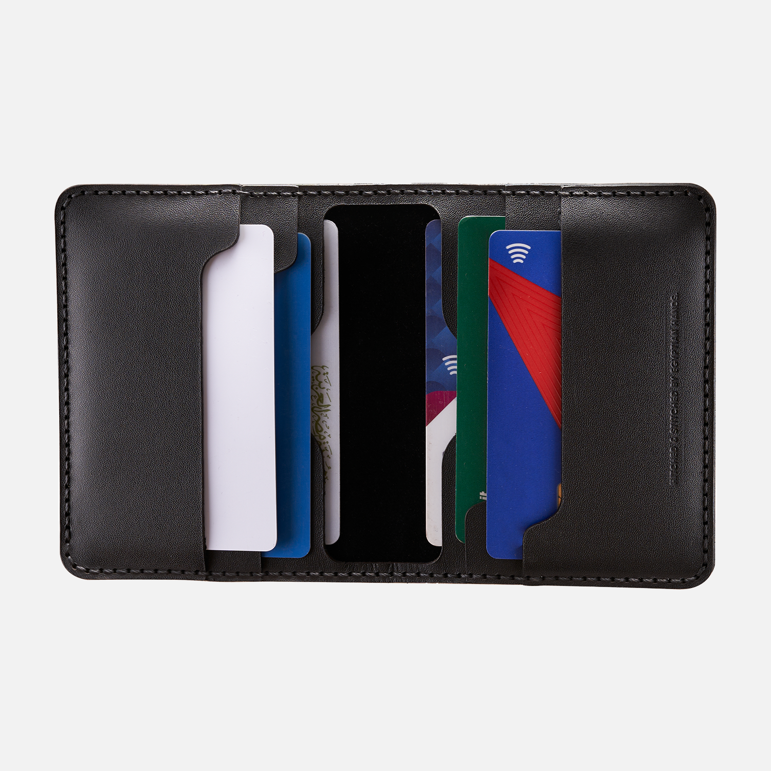 Black leather bifold wallet with multiple cards inside on white background.