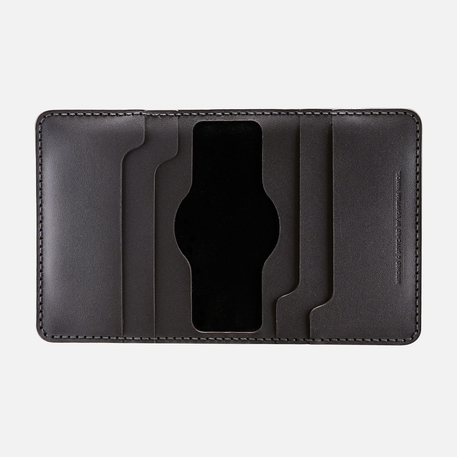 Black leather bifold wallet with multiple slots on white background.
