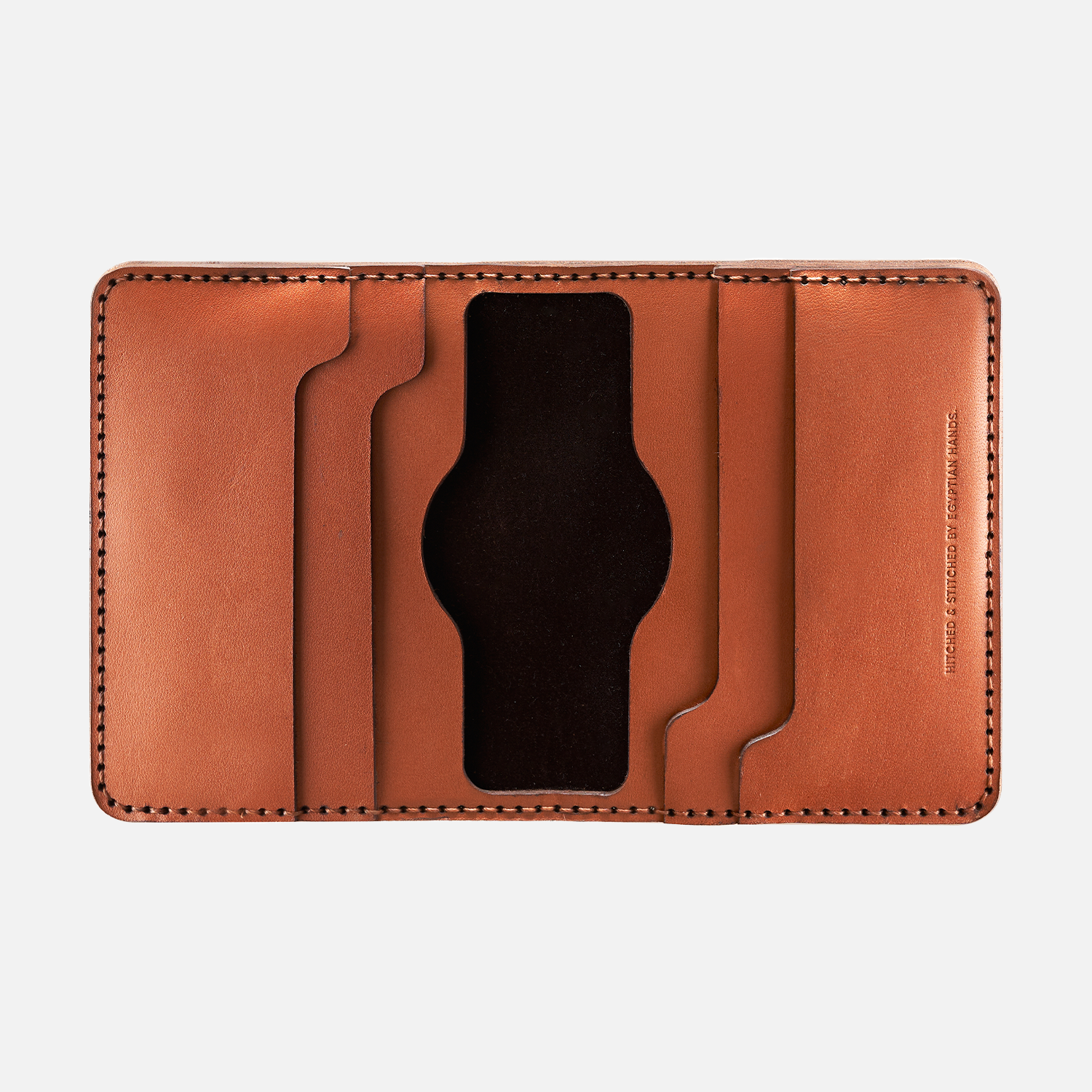 Tan leather bifold wallet interior with card slots on white background.