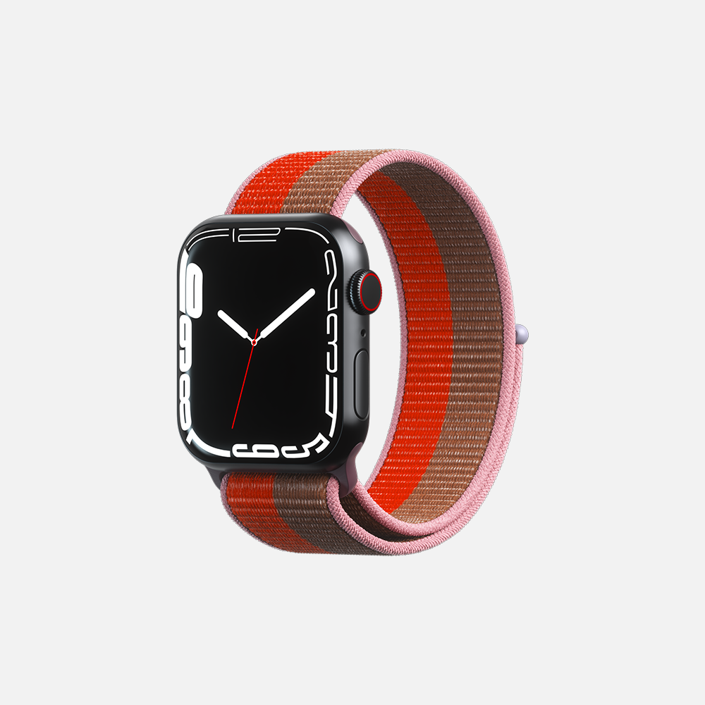 Smartwatch with colorful loop band and red digital crown on white