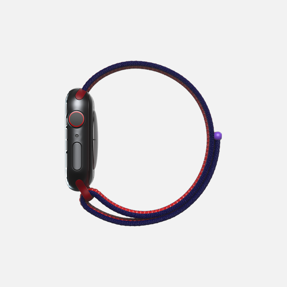Side view of a black smartwatch with a red button and a blue and red braided loop band.
