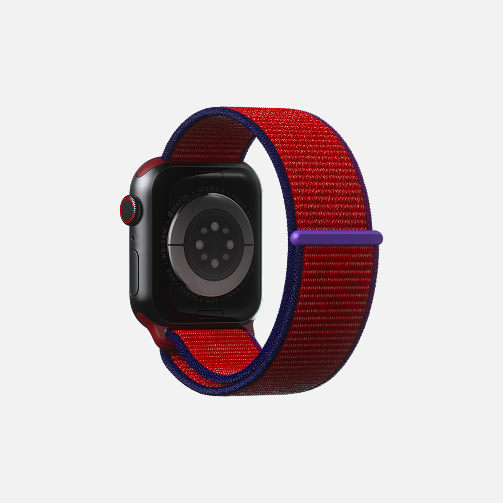 Red and blue smartwatch with sport loop band isolated on white background.