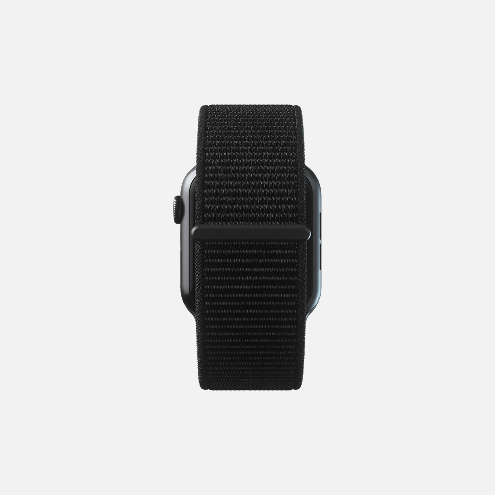 Smartwatch with black sport loop band isolated on white background
