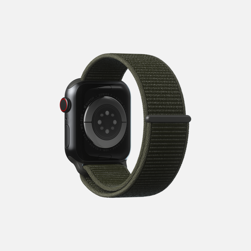 Olive green sport loop band for smartwatch, isolated on white