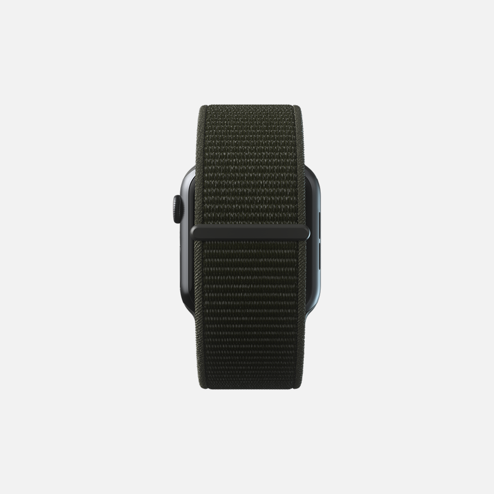 Black smartwatch with woven olive green strap on a white background.