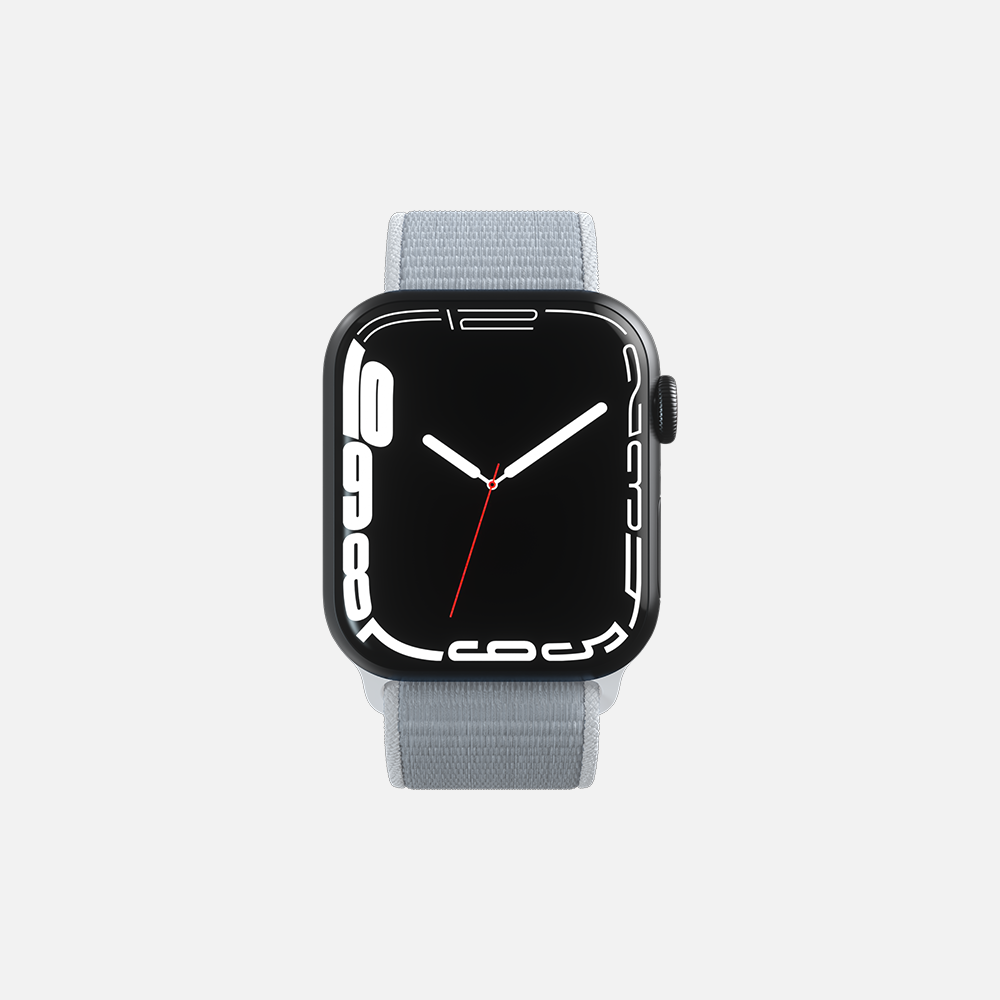 Smartwatch with black dial and light grey band, minimalist design.