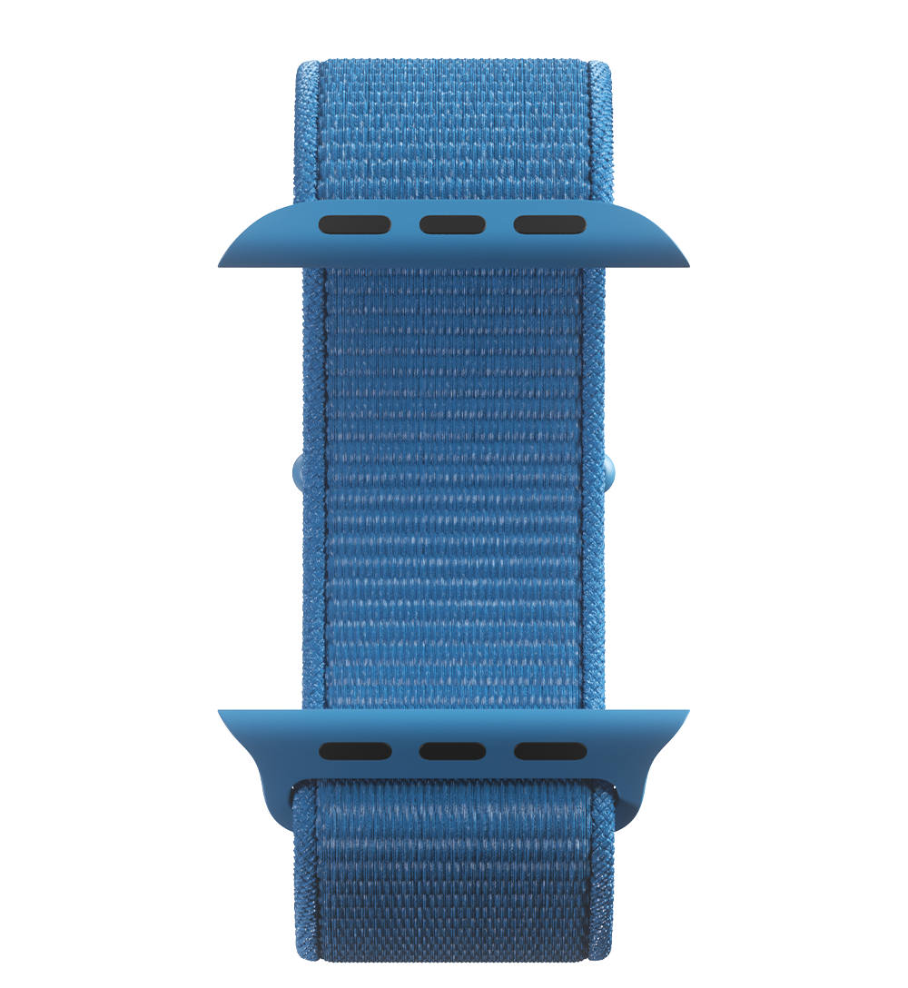 Blue nylon fabric smartwatch band with secure fasteners on a white background.