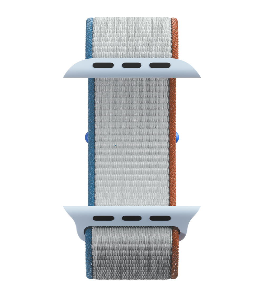 Woven nylon smartwatch bands in grey, blue, and orange colors with silver connectors.