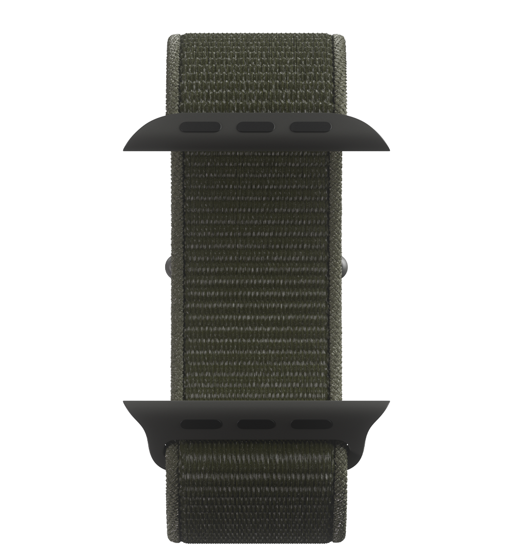 Olive green nylon watch strap with black hardware isolated on a white background.