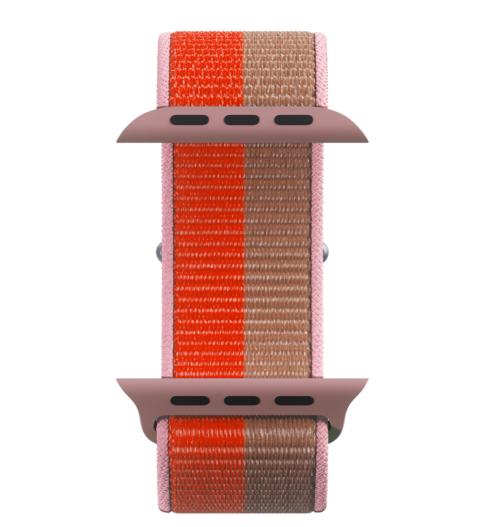 Woven nylon smartwatch band with pink, orange, and brown stripes and connectors.